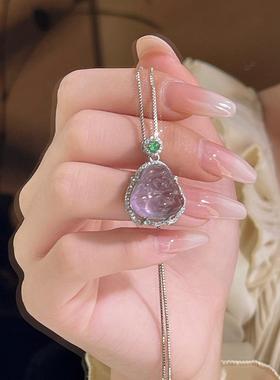S925纯银天然高冰清透紫晶佛公项链女精致小众百搭高级感气质轻奢