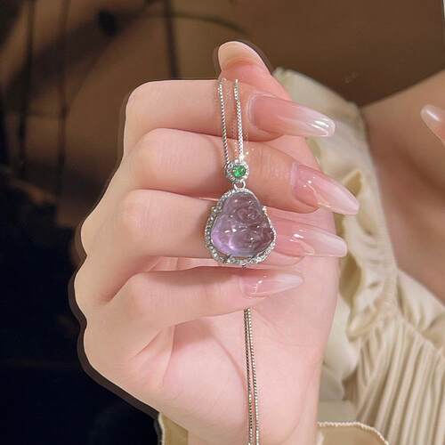 S925纯银天然高冰清透紫晶佛公项链女精致小众百搭高级感气质轻奢
