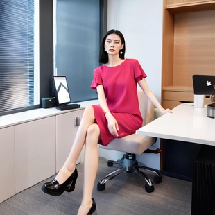 荷叶边短袖T型连衣裙夏季新款压花中裙外贸tomy女装纯色套头裙子