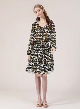 外贸M家女装新款雪纺裙迷彩绿长袖系带连衣裙夏2023苏妮亚茶歇裙