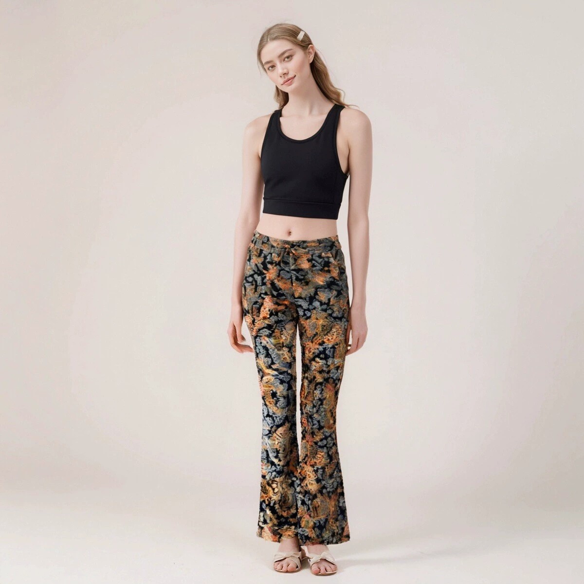 低腰印花外贸喇叭裤美国品牌M家女士精品九分裤子秋季百搭休闲裤