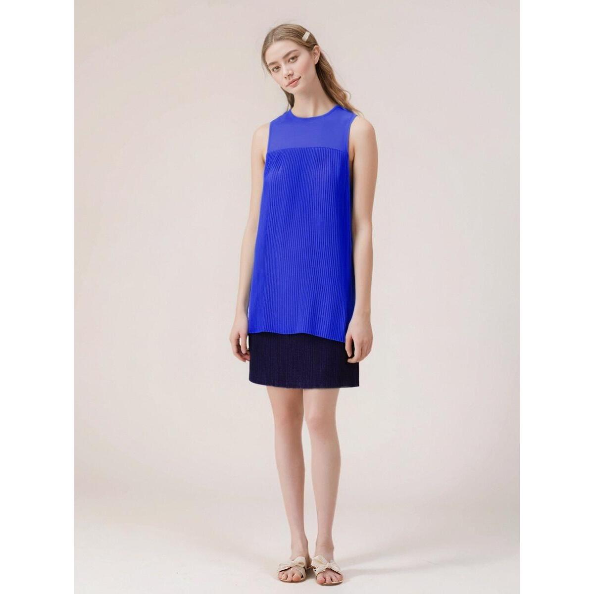 纯色套头雪纺衫外贸M姐女装圆领无袖百褶背心2023新款夏季上衣