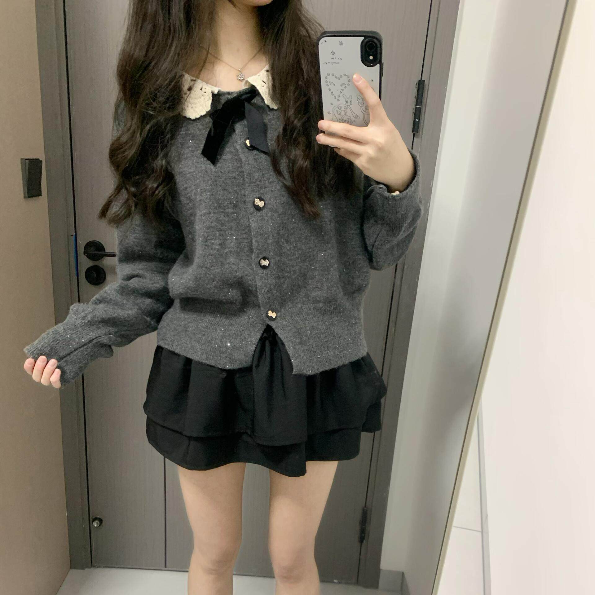 娃娃领蕾丝开衫女韩系甜美蝴蝶结针织上衣秋冬季宽松保暖毛衣外套