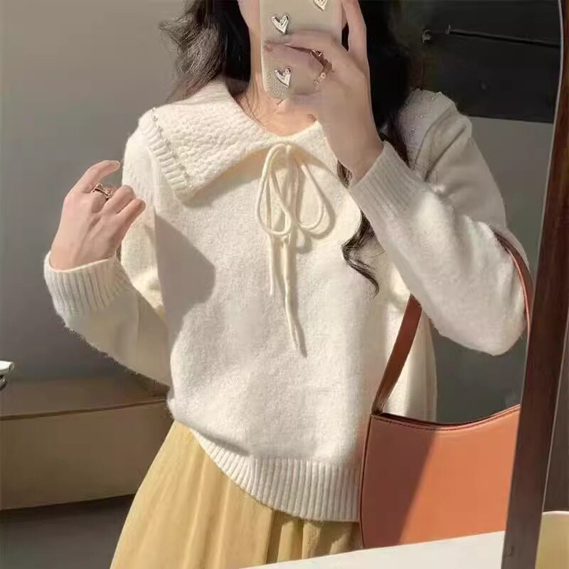 娃娃领针织衫毛衣女2026春秋季新款套头宽松温柔风小个子百搭上衣