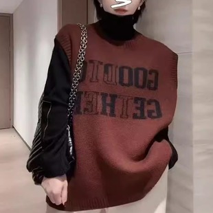 韩版 2025春秋新款 字母针织马甲女圆领宽松慵懒风百搭叠穿马夹背心