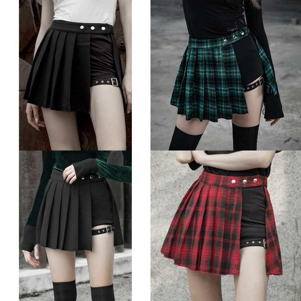 系格子半身裙女侧开叉不规则百褶裙酷秋季高腰短裙ins风。