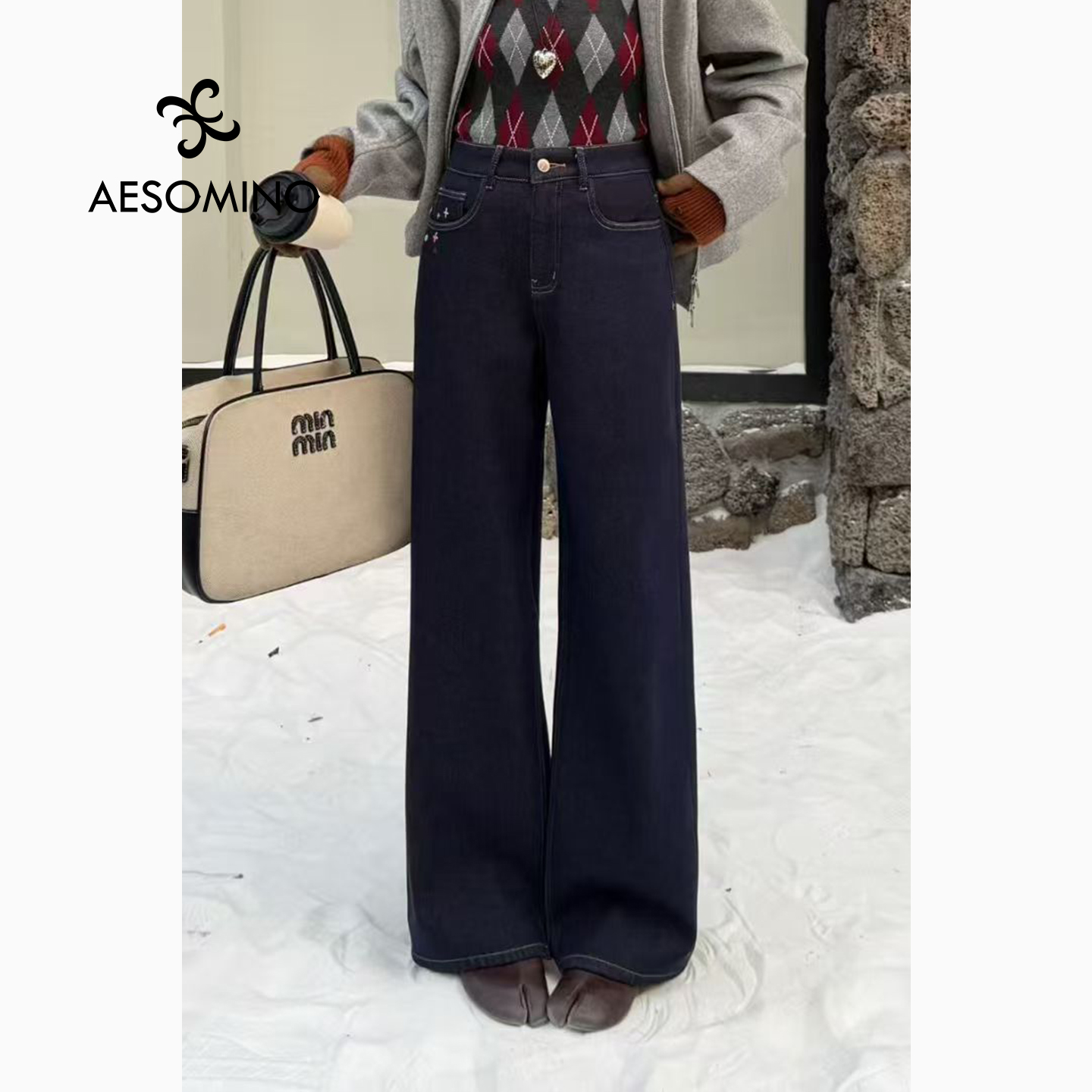 高腰阔腿裤水洗刺绣复古直筒牛仔