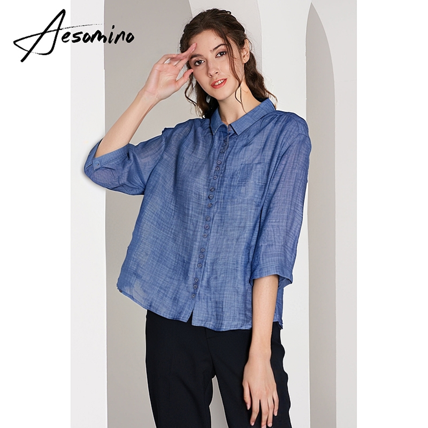 纯苎麻衬衫七分袖纯色宽松薄款