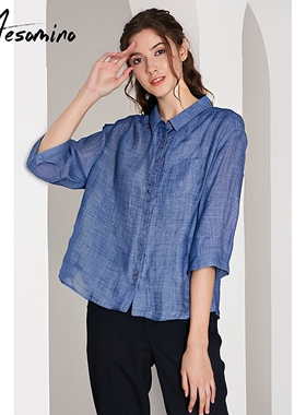 纯苎麻衬衫七分袖纯色宽松薄款简约百搭上衣女夏Y207C0087