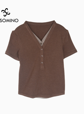 假两件短袖T恤女夏2025夏季新款撞色拼接T恤短上衣Y682CW857