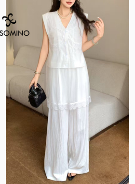 老钱风套装 夏蕾丝拼接背心马甲阔腿裤两件套Y058B3156