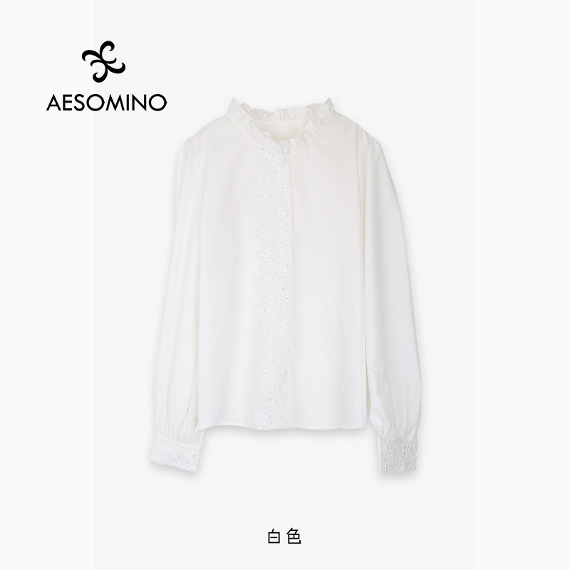【新】纯色衬衫女长袖春秋木耳边蕾丝衬衫白色Y057C1079