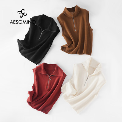 绵羊毛马甲女26支无缝翻领拉链