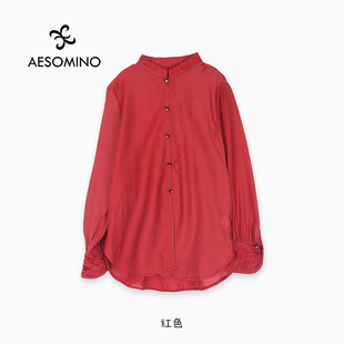 春夏盘扣气质长袖 中国风刺绣羊毛混纺衬衫 衬衣女Y684C5622 新