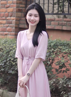 衣莎美诺夏短袖连衣裙中高腰简约风系带V领A字裙粉紫色Y540B7339