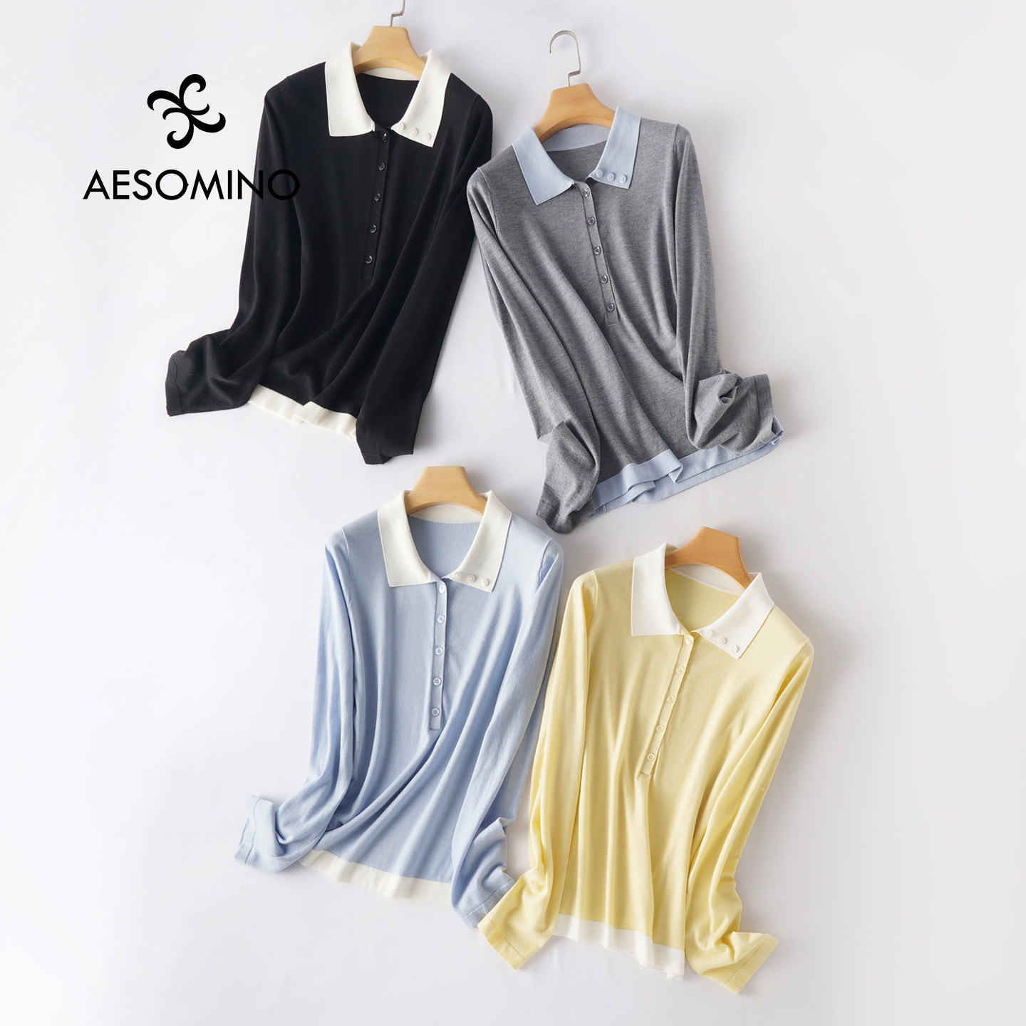 【新】撞色拼接POLO针织套衫女假两件春夏长袖薄款针织衫上衣BTZT