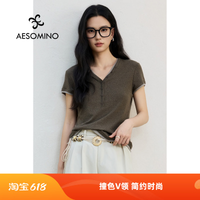 V领有锁骨！通勤假两件短袖T恤女