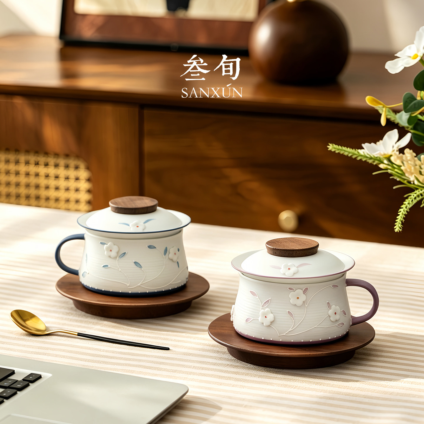 叁旬手绘捏花水杯好看的茶咖杯茶水分离带盖女士个人专用马克杯