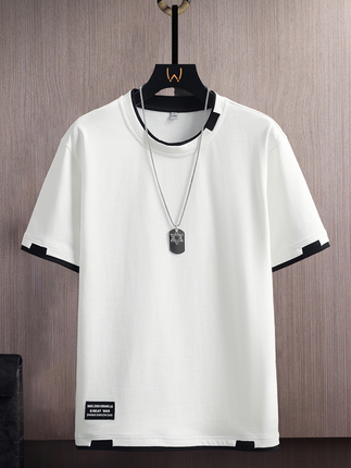 Fake Two-Piece Short-Sleeve T-Shirt for Men, Summer Trendy Brand, Round Neck, Loose Fit, 2024 New Style, Trendy Top for Teenagers