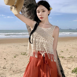 清凉款 吊带罩衫 上衣复古宽松外搭无袖 镂空钩花针织流苏背心女装