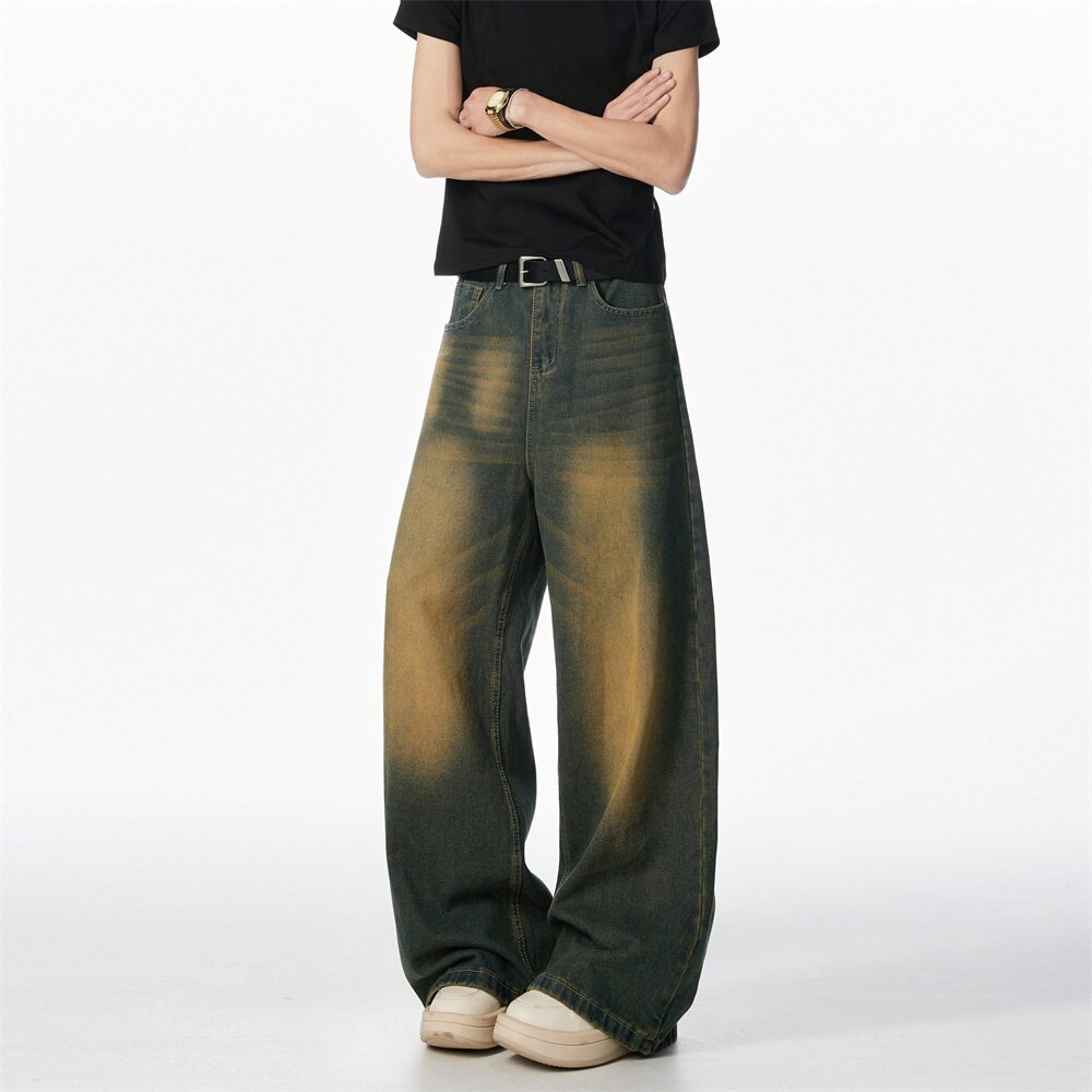 American-Style Washed Scimitar Jeans for Men, Summer High-Street Design, Loose Trendy Brand Straight-Leg Wide-Leg Cool Long Pants