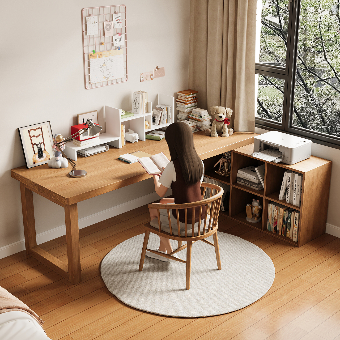 实木转角书桌书架书柜一体