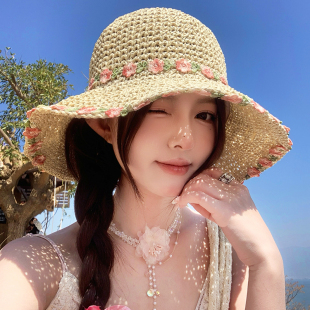 2025新款 海边度假沙滩帽草编显脸小遮阳防晒帽子 草帽女大帽檐夏季