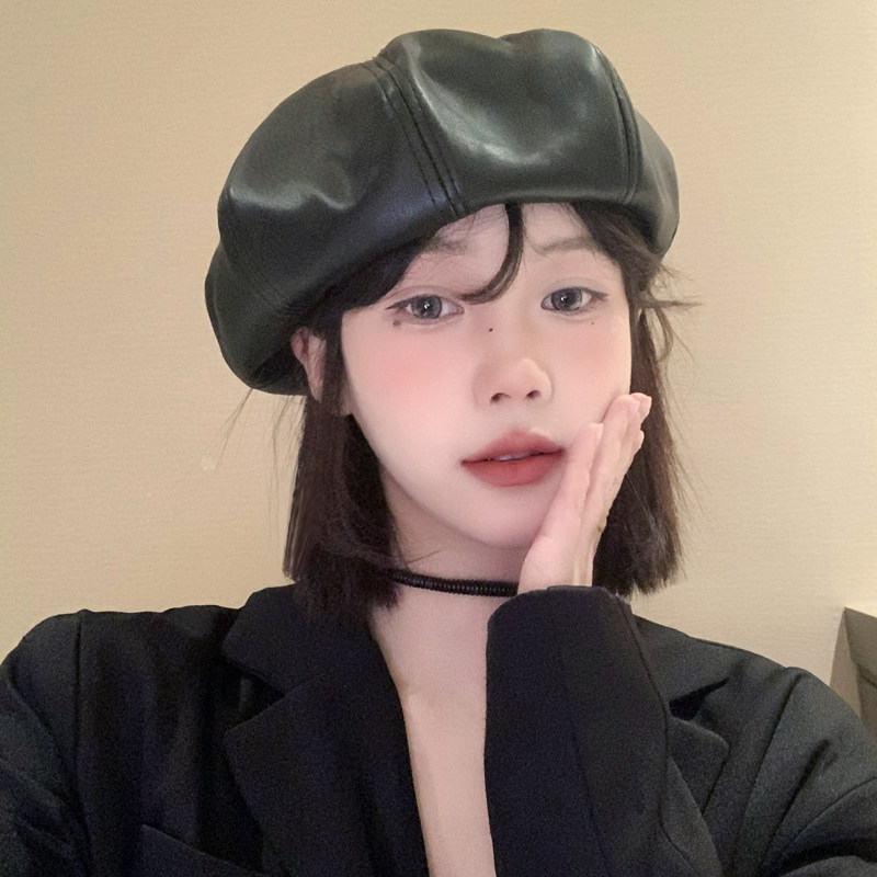 黑色皮质贝雷帽女款2025新款春秋大头围云朵画家帽显脸小八角帽子