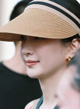 江疏影同款草编防晒帽夏季出游海边遮阳草帽时尚发箍空顶帽子女款