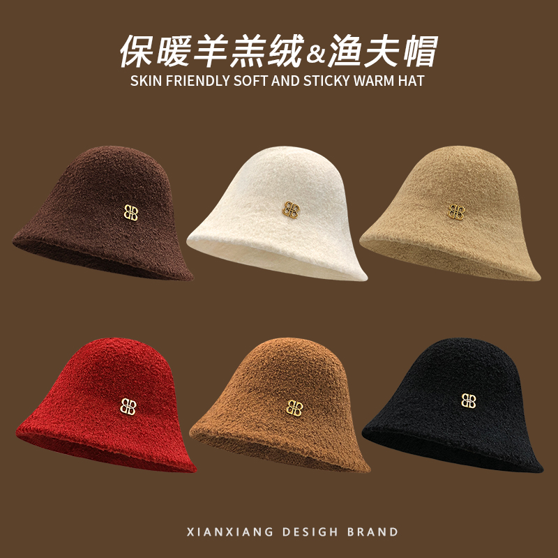 羊羔绒素颜显脸小渔夫帽冬天