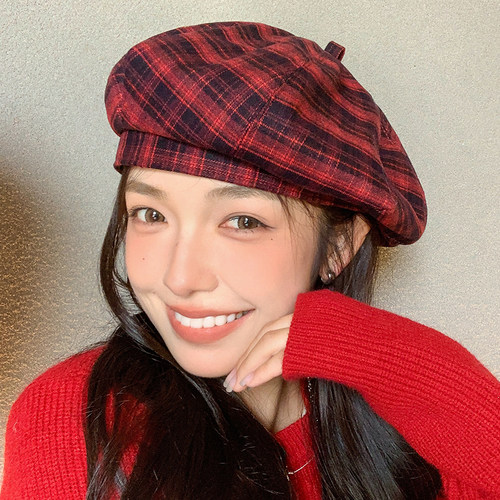 轻薄文艺复古格纹贝雷帽显脸小女