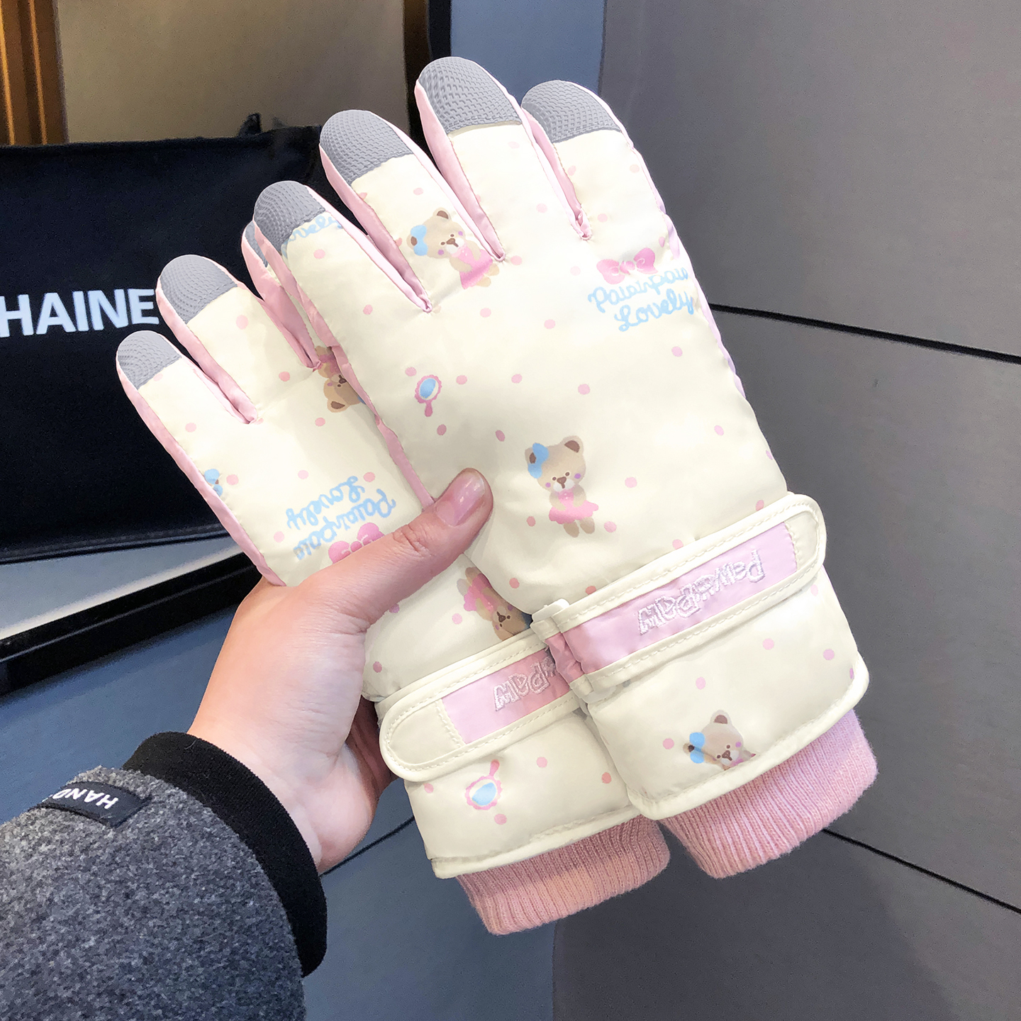 可爱小熊手套冬季滑雪加绒加厚