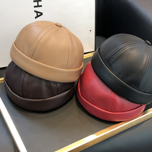 皮质地主帽日系文艺复古无檐瓜皮帽子女秋冬百搭圆顶嘻哈雅痞帽男