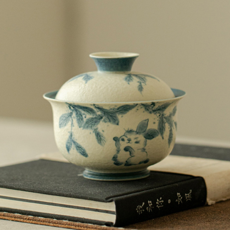 粉引桂花兔釉下彩盖碗功夫茶具