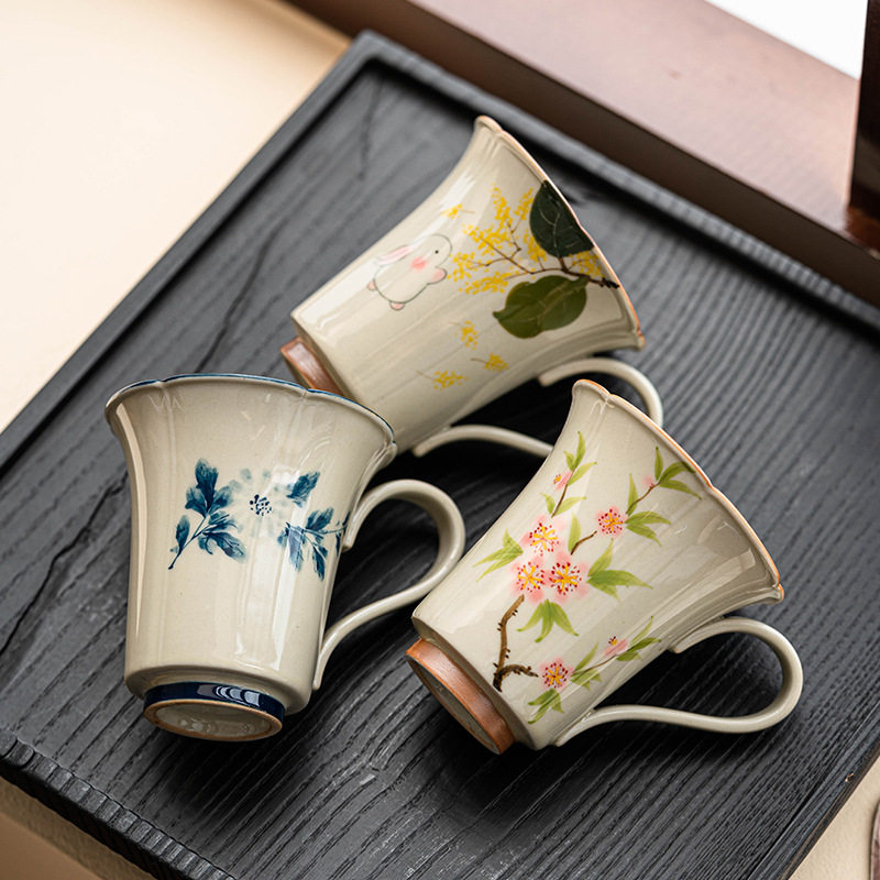 草木灰釉手绘水杯个人带柄小茶杯