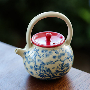中式岁寒三友泡茶壶陶瓷提梁壶单壶泡茶茶水分离茶壶一人独饮茶具