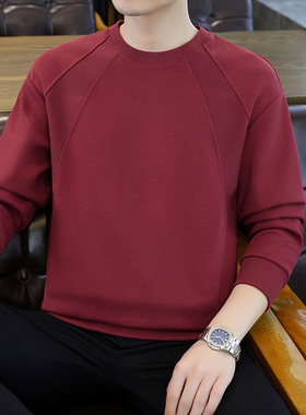 秋衣男款上衣单件潮流外穿长袖t恤薄款打底衫加绒加厚酒红色卫衣