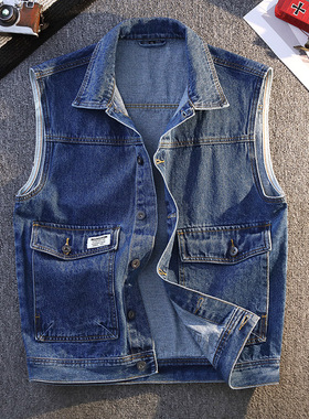 男士牛仔背心马甲春秋季新款外套宽松百搭多口袋无袖坎肩工装马夹