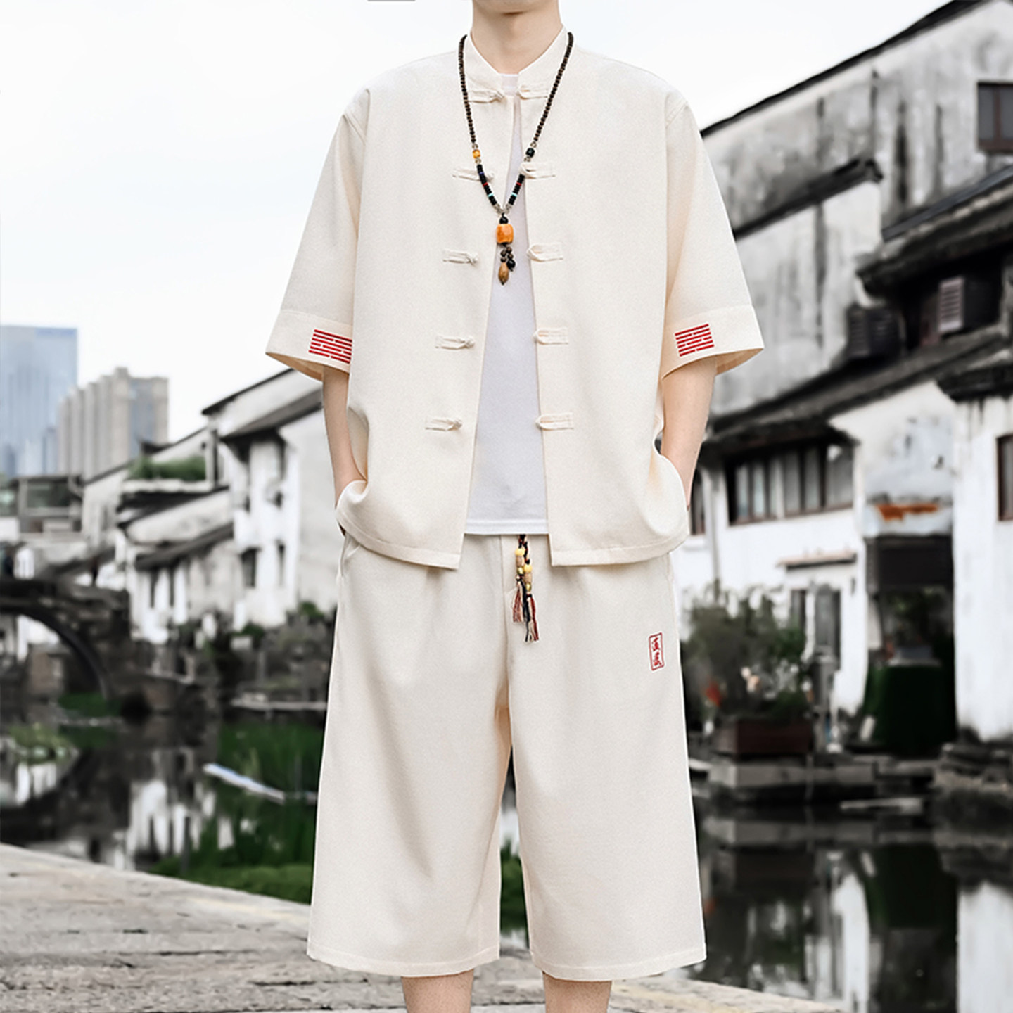 新中式男七分裤夏季国风套装图片