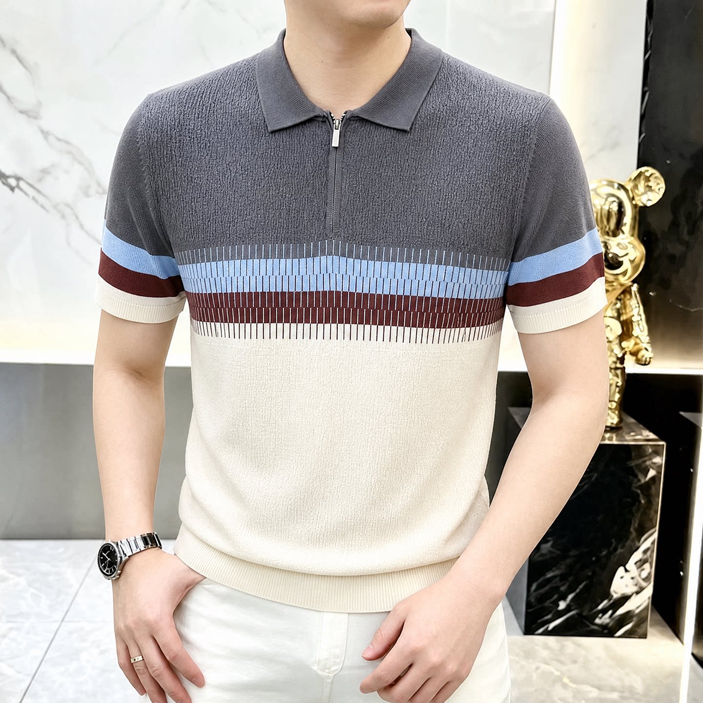 男士撞色条纹翻领拉链针织POLO衫图片