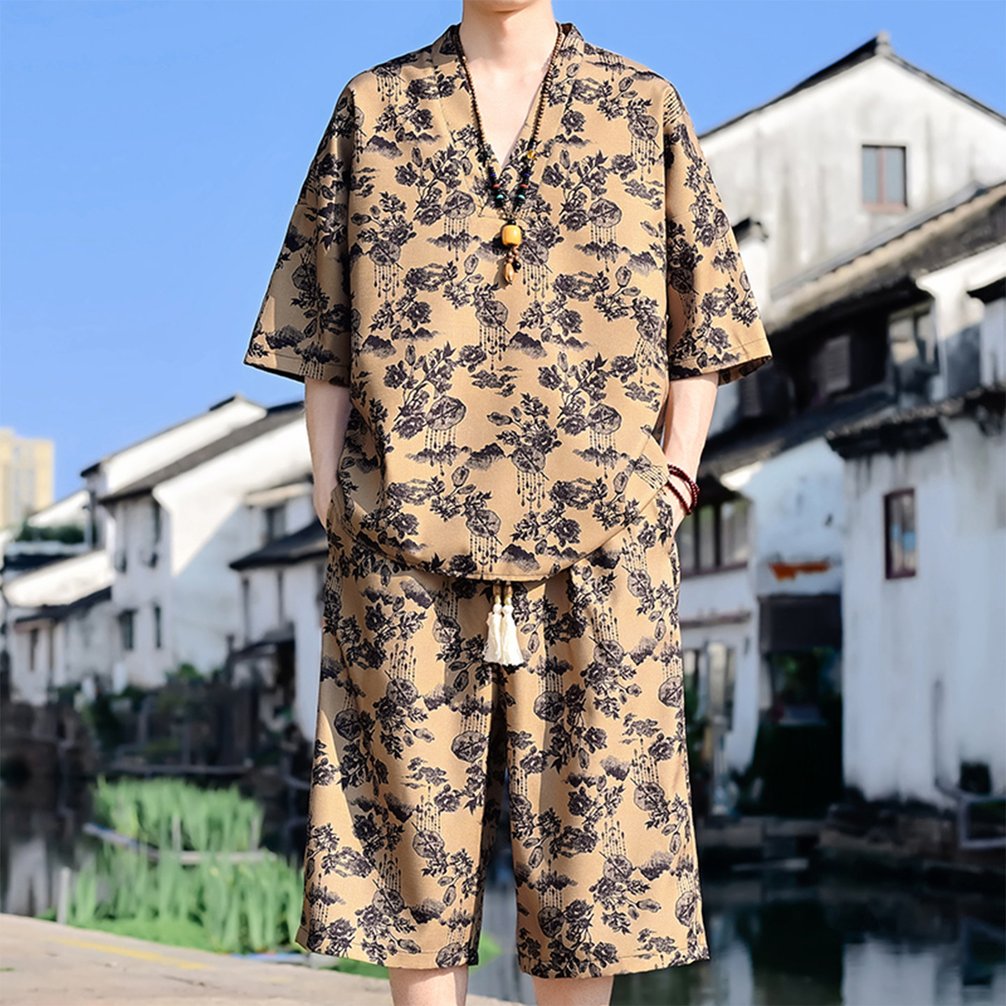 新中式透气男七分休闲裤套装图片