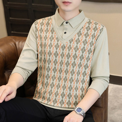 男士打底上衣春秋假两件长袖t恤