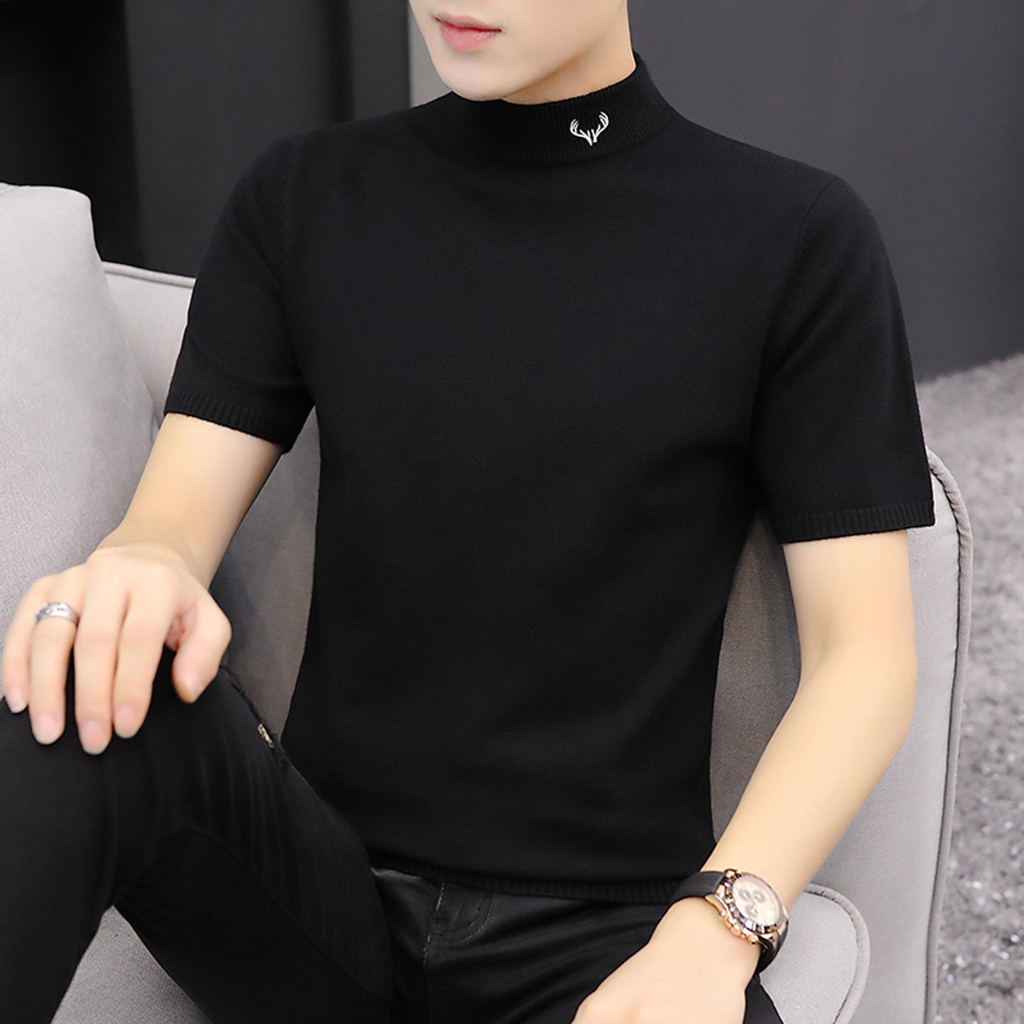 半高领毛衣男士短袖针织衫