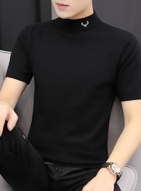 黑色半高领短袖毛衣男款冬季2025新款中领内搭针织衫半袖男士线衣
