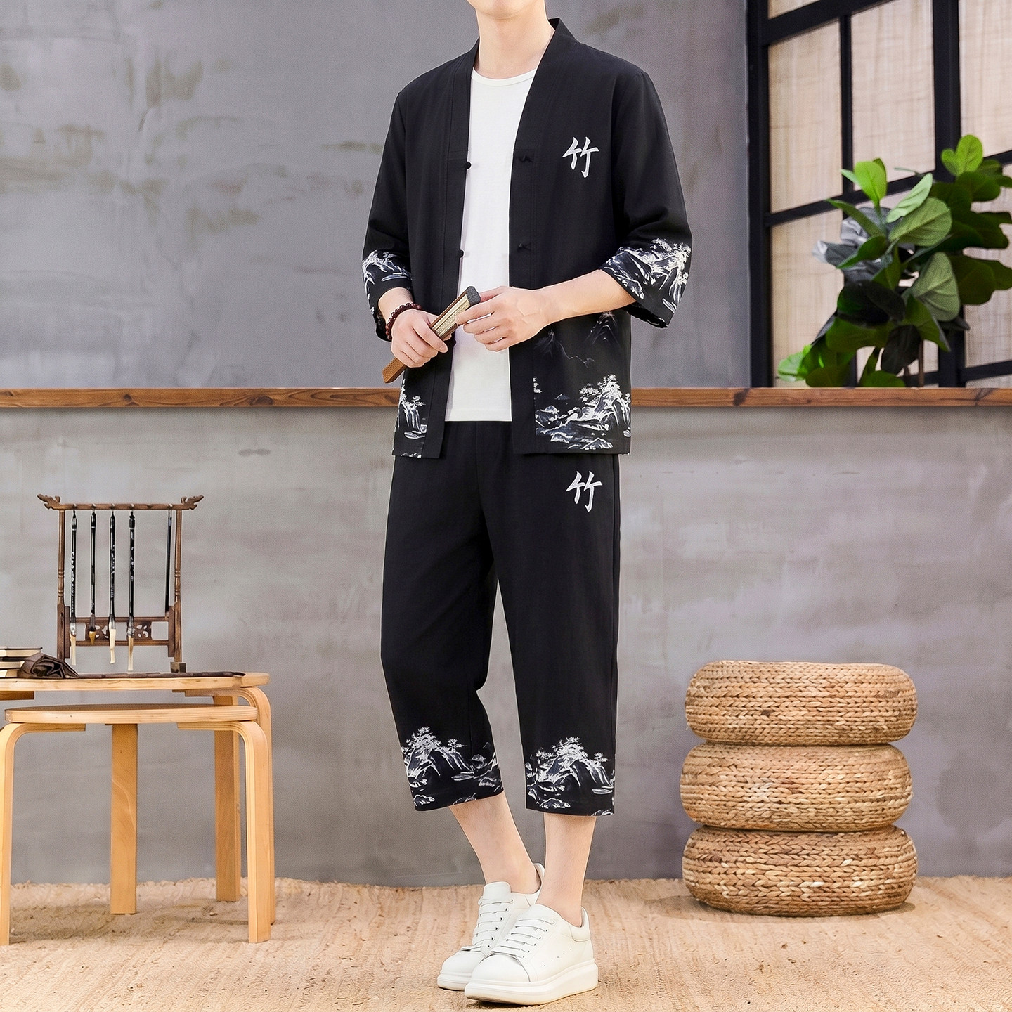 男夏季新中式山水冰感七分裤套装图片