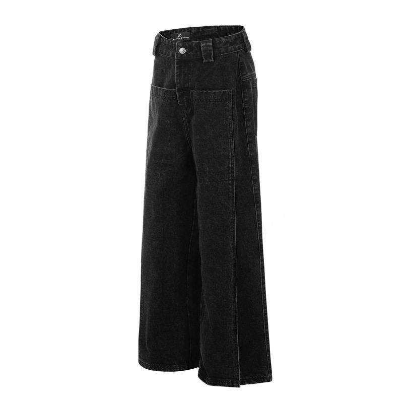 DC+G6633美式复古拼接解构黑色牛仔裤高街vibe宽松直筒微喇裤子男