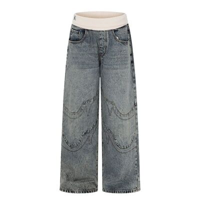 K5631美式复古高街中性款高品质解构拼接设计男式宽松阔腿牛仔裤