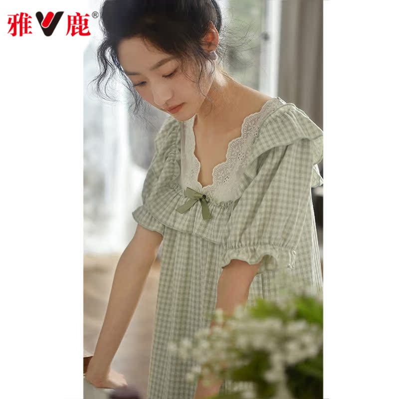 雅鹿睡裙女2025年新款夏季宫廷风薄款夏天短袖可爱公主睡衣连衣裙