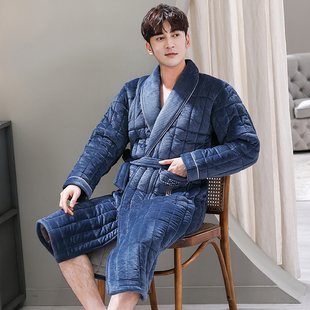 雅鹿珊瑚绒夹棉男士睡衣秋冬三层加厚保暖睡袍冬季法兰绒浴袍长款