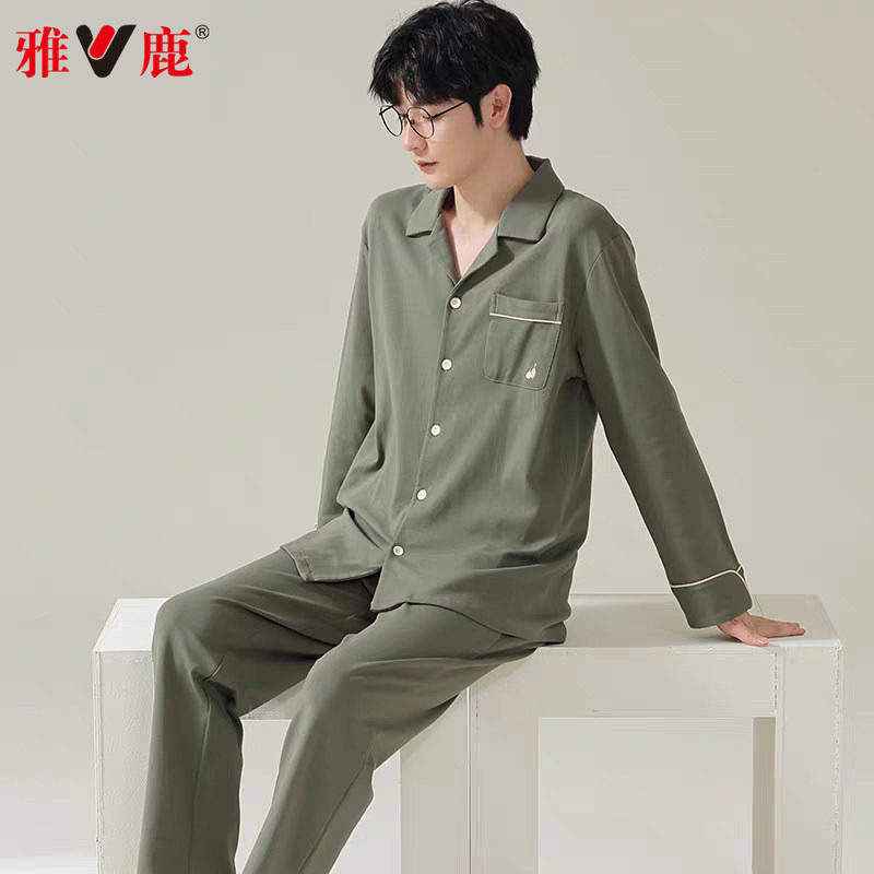 雅鹿睡衣男士春秋款纯棉长袖大码开衫2026新款家居服套装男款外穿